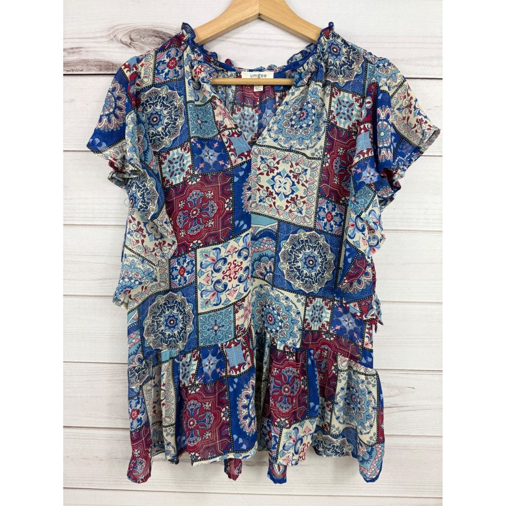 Umgee Women's Blue Red Floral Patchwork Ruffle Short Sleeve Sheer Peplum Top S